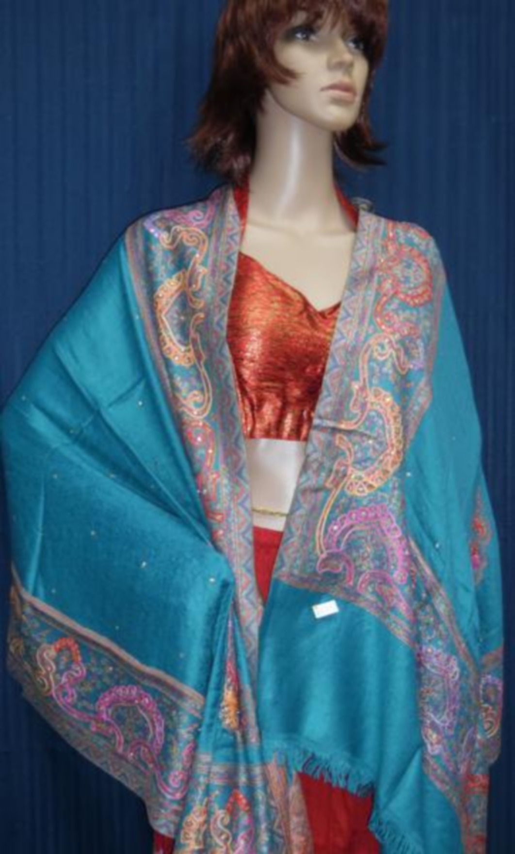 Pashmina Angora Kashmiri Shawl in Turquoise w/ Print for Winter 39324